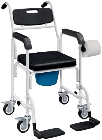 Black wheeled shower chair with backrest