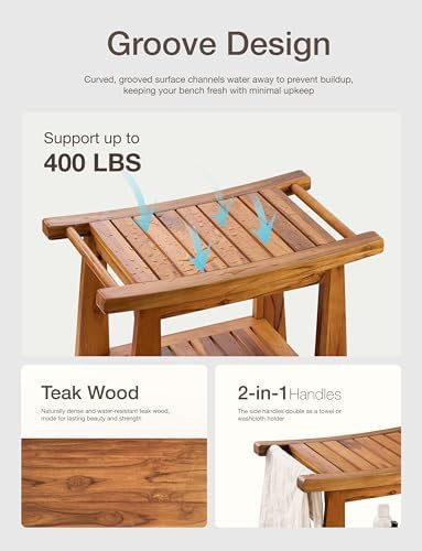 Teak shower bench with storage shelf — photo 3