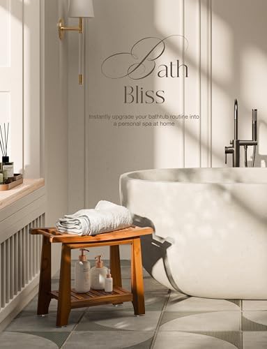 Teak shower bench with storage shelf — photo 4