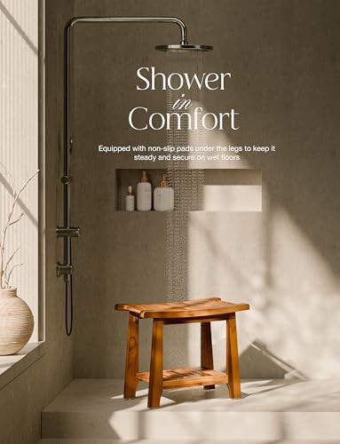 Teak shower bench with storage shelf — photo 5
