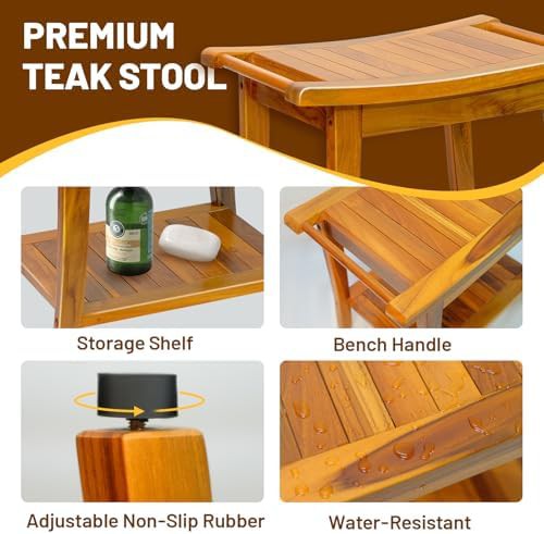 Premium teak shower bench with handle — photo 3