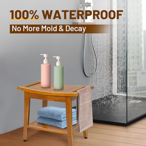 Premium teak shower bench with handle — photo 4