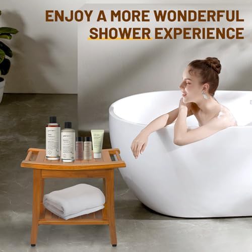 Premium teak shower bench with handle — photo 5