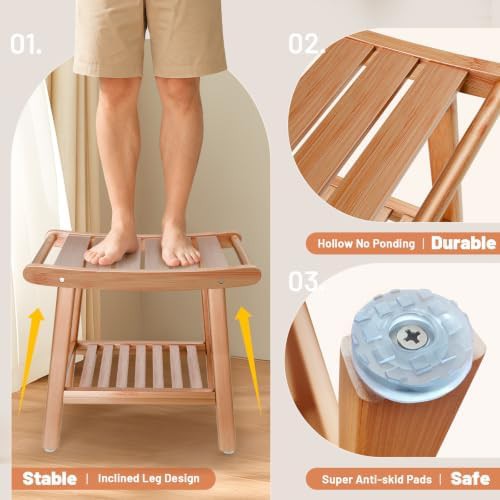 Bamboo shower stool with storage shelf — photo 4