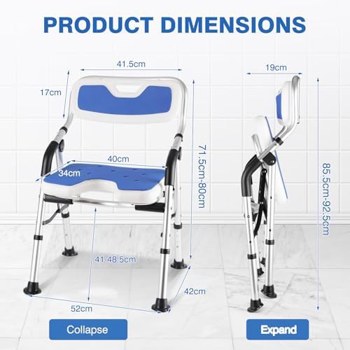 Blue foldable aluminum shower seat with arms — photo 3