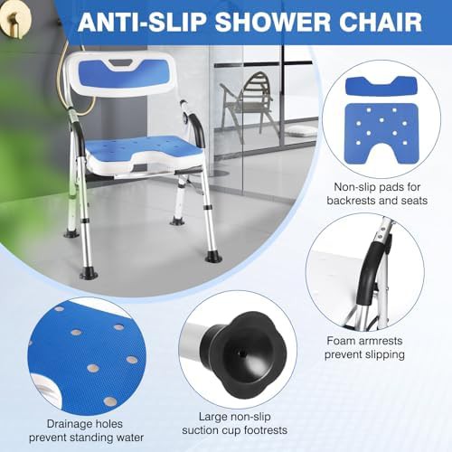 Blue foldable aluminum shower seat with arms — photo 5