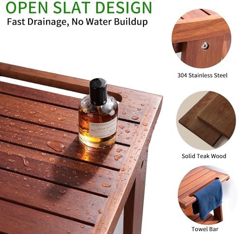 Teak wood shower stool with shelf — photo 3