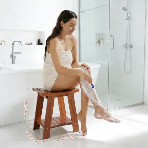 Teak wood shower stool with shelf — photo 5