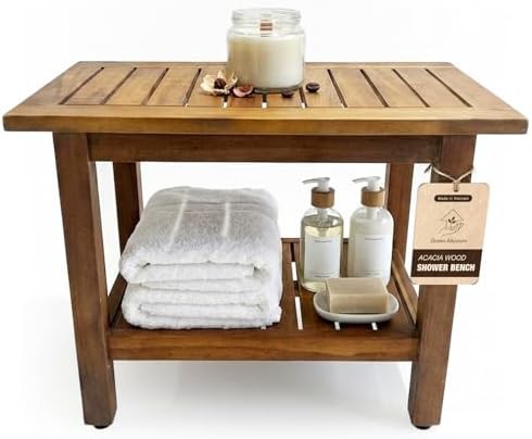 Acacia wood shower bench with storage shelf