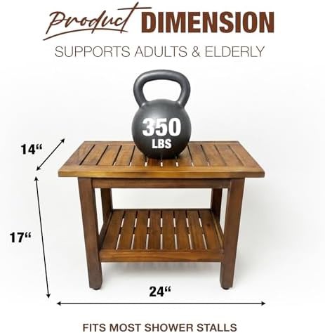Acacia wood shower bench with storage shelf — photo 5