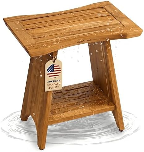 Teak shower bench with storage shelf