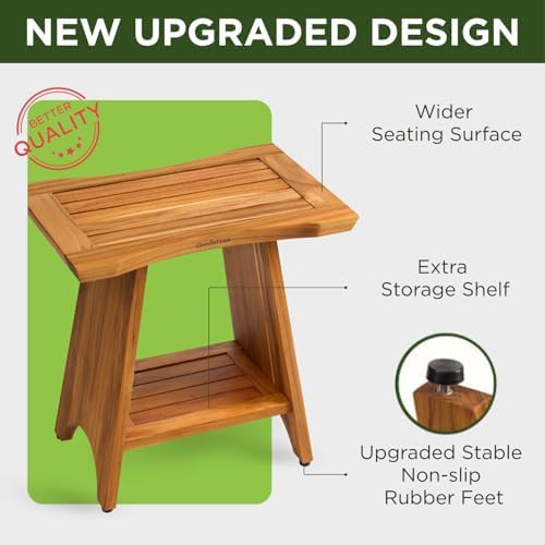 Teak shower bench with storage shelf — photo 4
