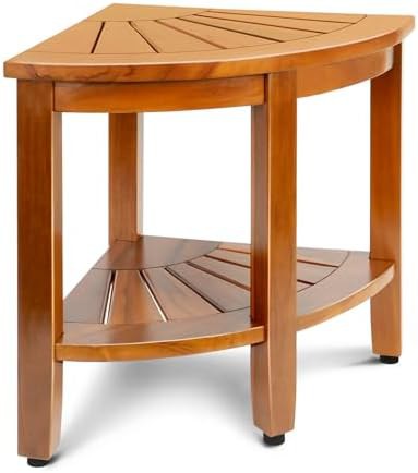 Teak corner shower bench with shelf