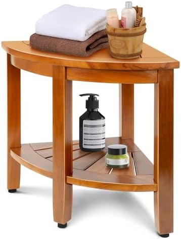 Teak corner shower bench with shelf — photo 3