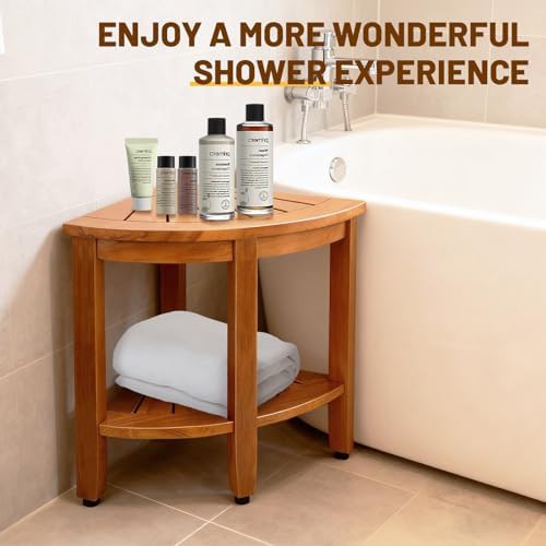 Teak corner shower bench with shelf — photo 4