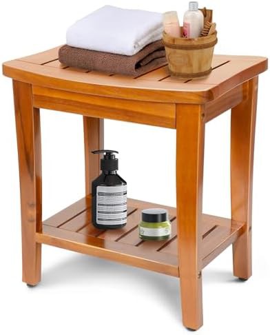 Compact teak shower bench with storage shelf — photo 3