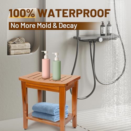 Compact teak shower bench with storage shelf — photo 4