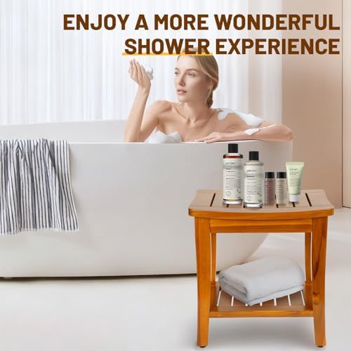 Compact teak shower bench with storage shelf — photo 5