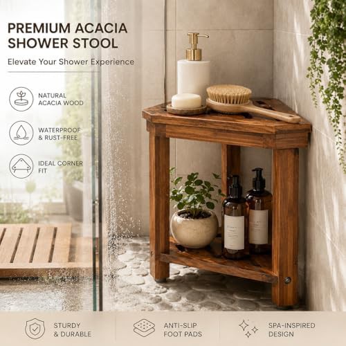 Acacia wood corner bath shower bench — photo 4