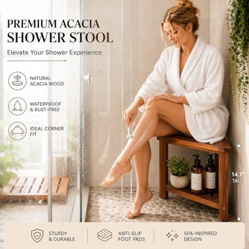 Acacia wood corner bath shower bench — photo 5
