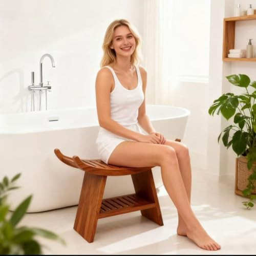 Curved teak shower stool with 500 lb capacity — photo 3