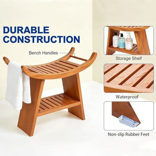 Curved teak shower stool with 500 lb capacity — photo 5