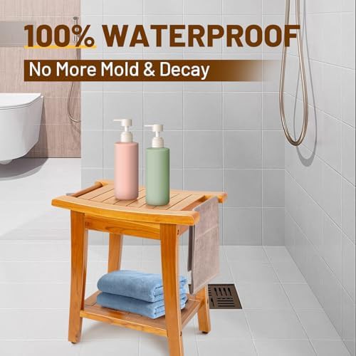 Compact teak shower bench with shelf — photo 4