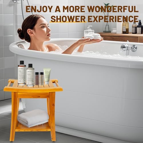 Compact teak shower bench with shelf — photo 5