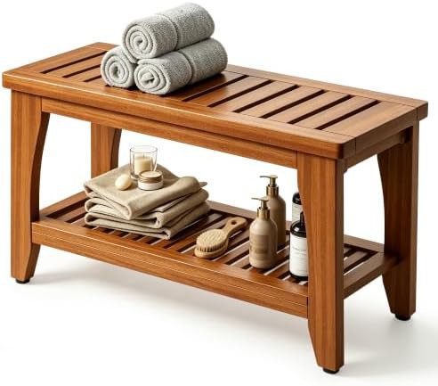 Solid Teak Bench with Storage Shelf