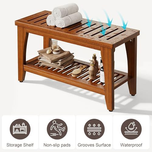 Solid Teak Bench with Storage Shelf — photo 3