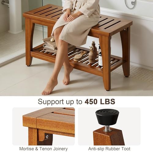 Solid Teak Bench with Storage Shelf — photo 4