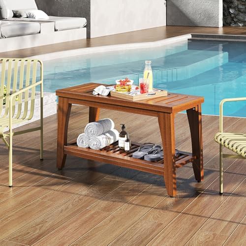 Solid Teak Bench with Storage Shelf — photo 5