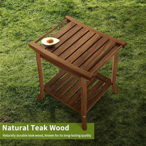 Teak shower stool with storage shelf — photo 4