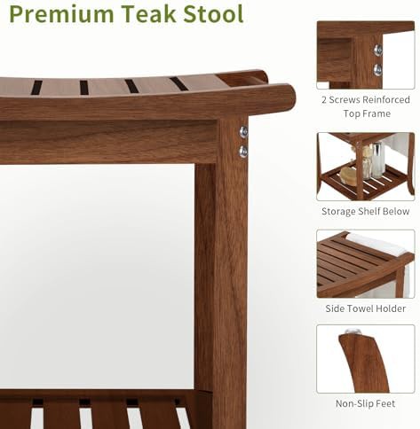 Teak shower stool with storage shelf — photo 5