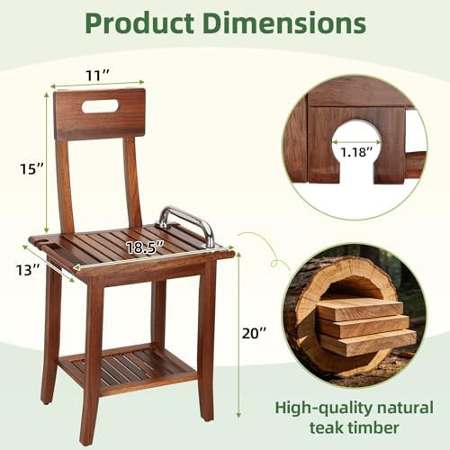 Teak shower stool with shelf and rails — photo 3