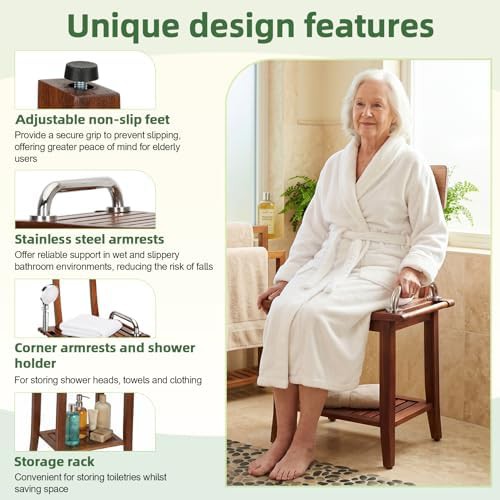 Teak shower stool with shelf and rails — photo 4