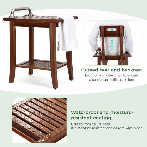 Teak shower stool with shelf and rails — photo 5