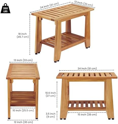 Teak shower bench with storage shelf — photo 3
