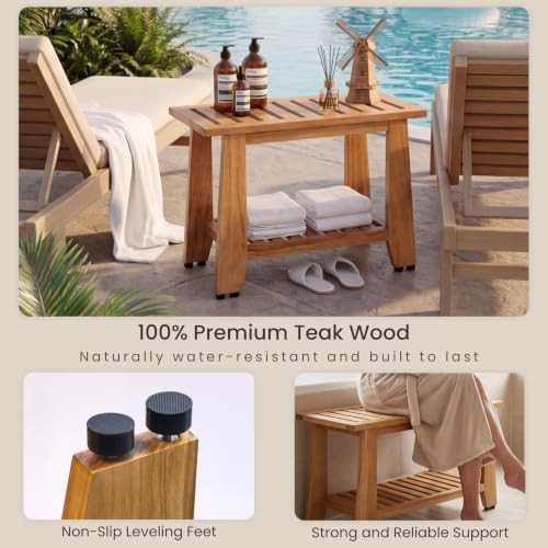 Teak shower bench with storage shelf — photo 5