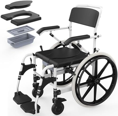 Self-propelled rolling shower and commode wheelchair