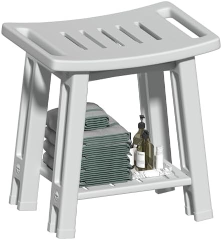 Gray HDPE shower stool with storage rack