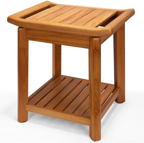 Teak shower stool with storage shelf