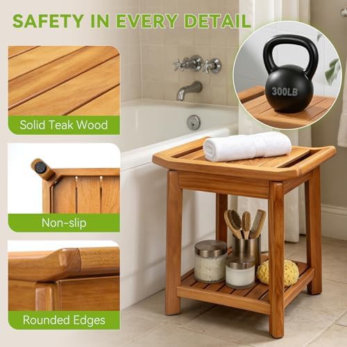 Teak shower stool with storage shelf — photo 4