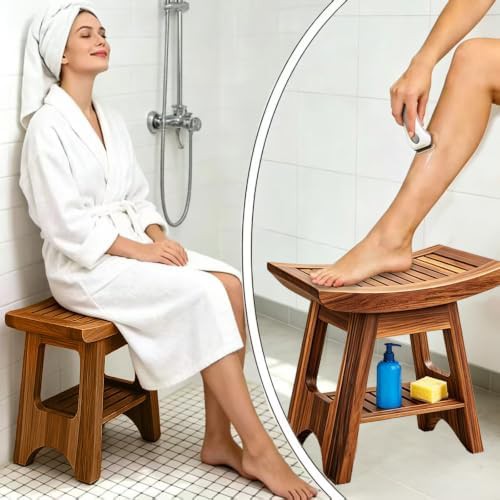 Compact teak shower bench with storage shelf — photo 3