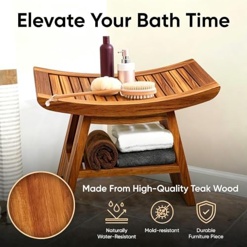 Compact teak shower bench with storage shelf — photo 5