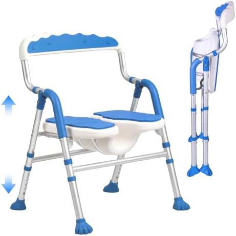 Blue foldable shower chair with cutout