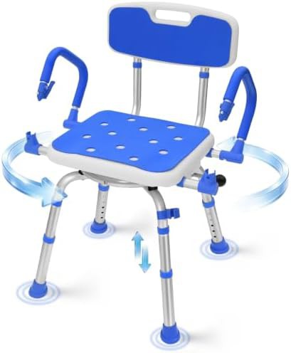 Blue aluminum swivel shower seat with back