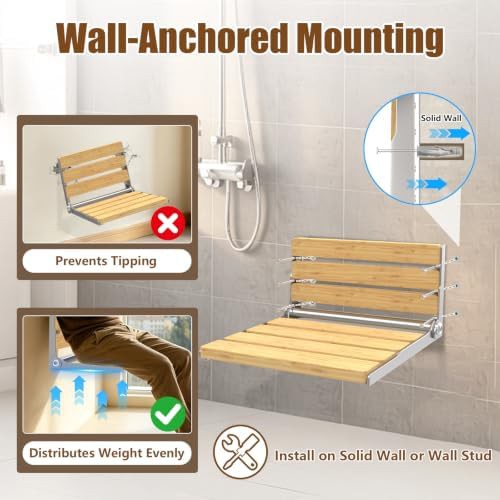 Wall mounted folding bamboo shower bench — photo 4