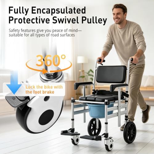Folding aluminum shower chair with wheels — photo 3