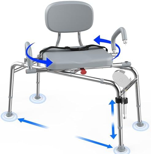 Sliding transfer bench with swivel seat and belt